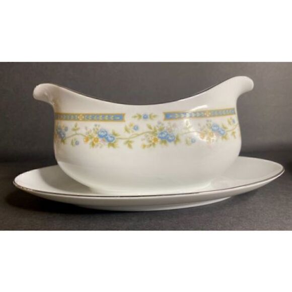 Barclay by Sango Gravy Boat w Attached Underplate Blue Band Laurel Blue Yellow - Picture 1 of 3